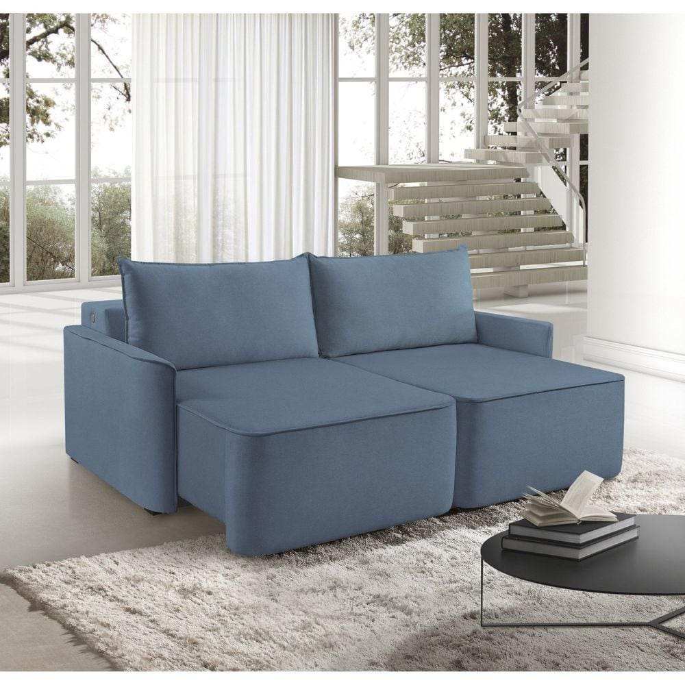 Sofá Retrátil 260cm com Kit Entrada USB 4 Lugares Moon 2324 Azul