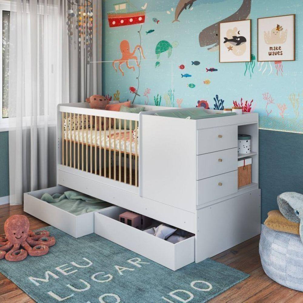 Berço Cama Multifuncional com Gavetões 2 Colchões Branco