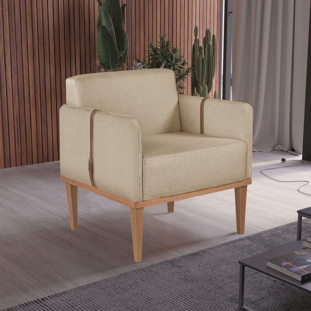 Poltrona em Linho 80cm com Detalhe de Cinto nos Braços Duali Bege
