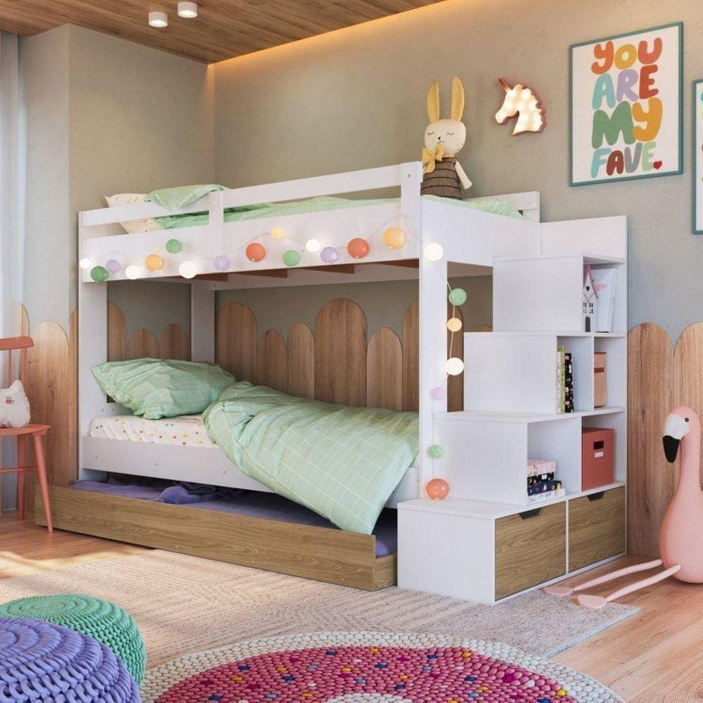 Treliche Infantil com Cama Auxiliar 3 Colchões Branco/Aveiro Oak
