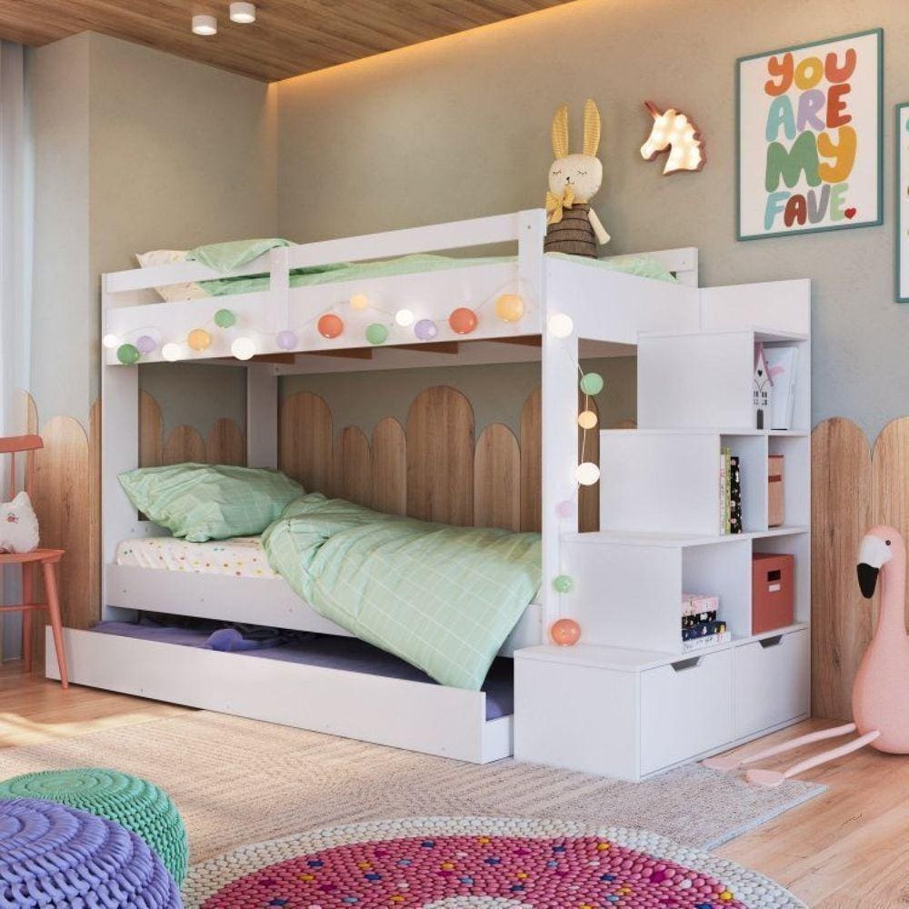 Treliche Infantil com Cama Auxiliar 3 Colchões Branco