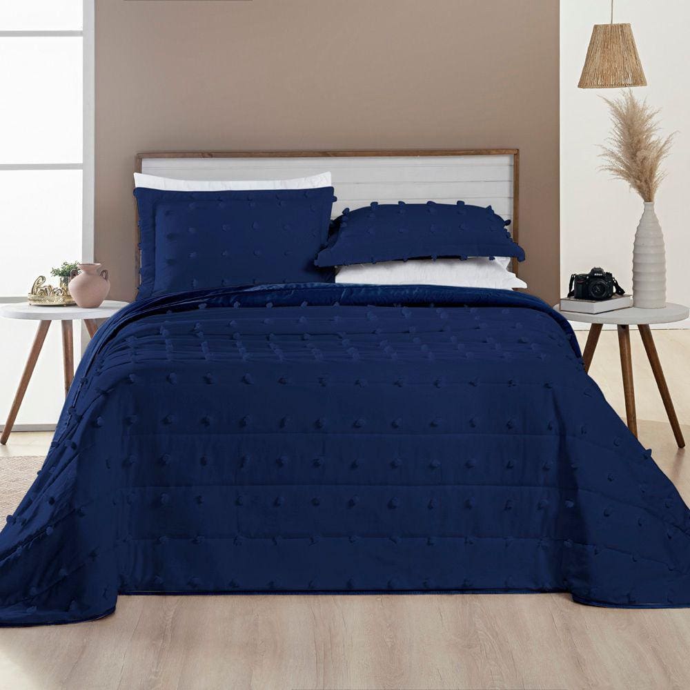 Kit Cobre Leito Colcha Alexa Pompom Queen Dupla Face Micropercal 3 Peças - Azul Marinho