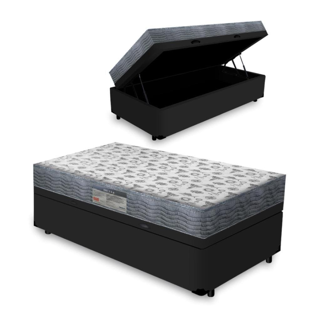 Cama Box Baú Solteiro + Colchão D45 Iso 150 Ortobom 96cm Preto - Suporta até 120kg Por Pessoa