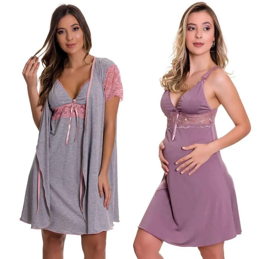 KIT Camisolas Amamentação com Robe + Camisola Gestante Estilo Sedutor - AG-ES220-221-ES206