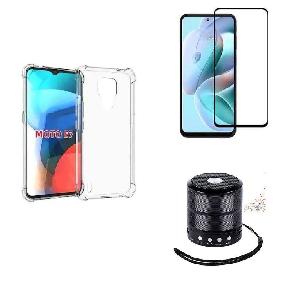 Kit Mini Som Bluetooth Moto E7 + Capa Anti Impacto + Película Vidro 3D