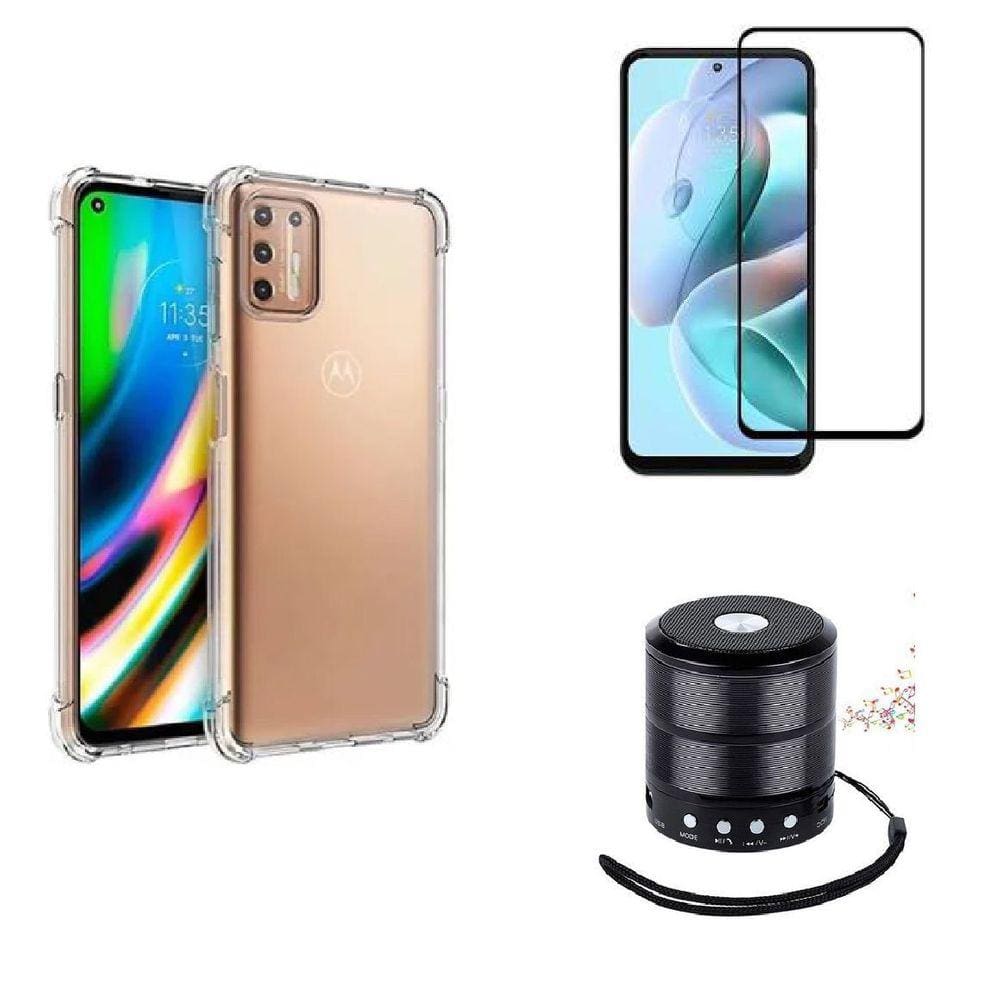 Kit Mini Som Bluetooth Moto G9 Plus + Capa Anti Impacto + Película Vidro 3D