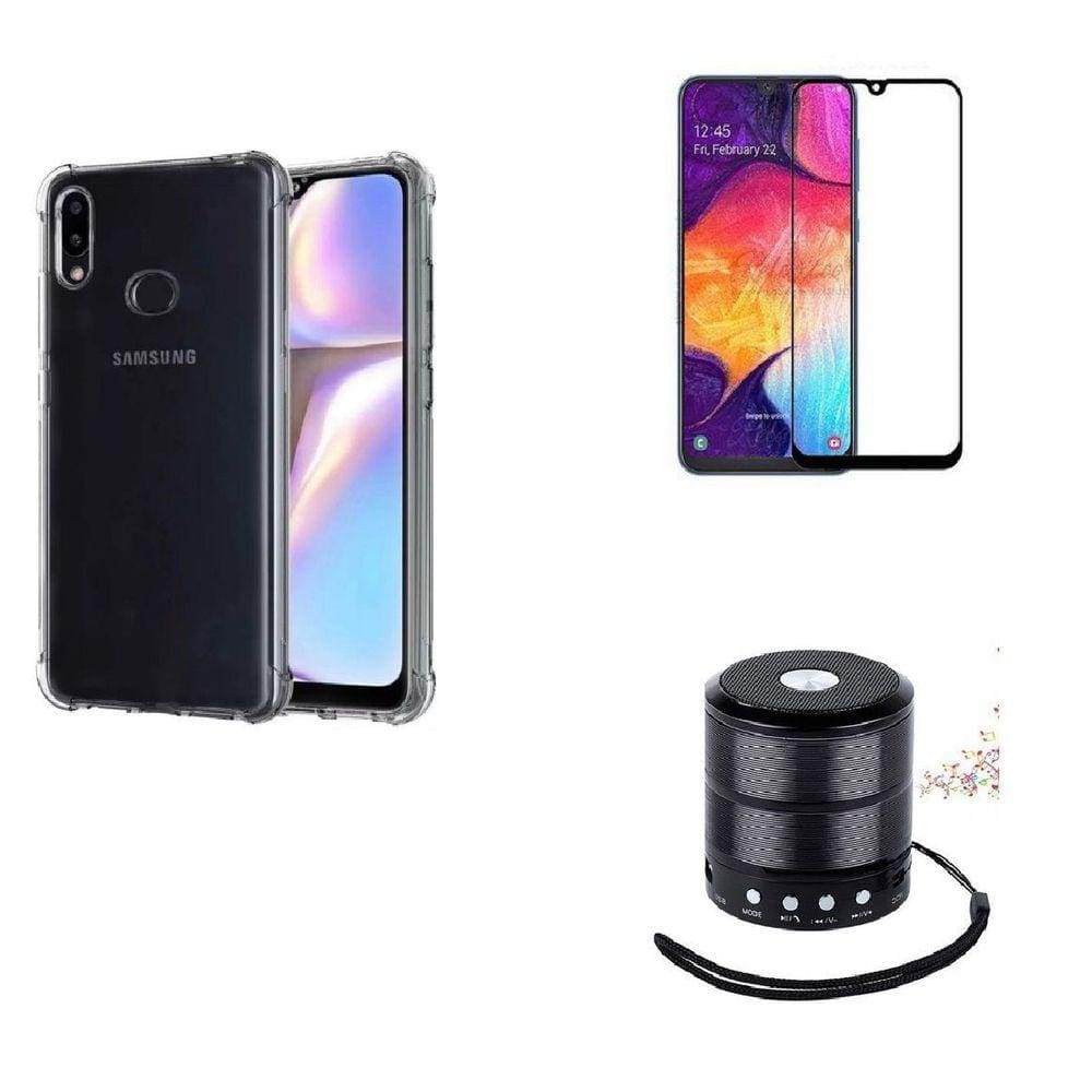 Kit Mini Som Bluetooth Samsung A10 + Capa Anti Impacto + Película Vidro 3D