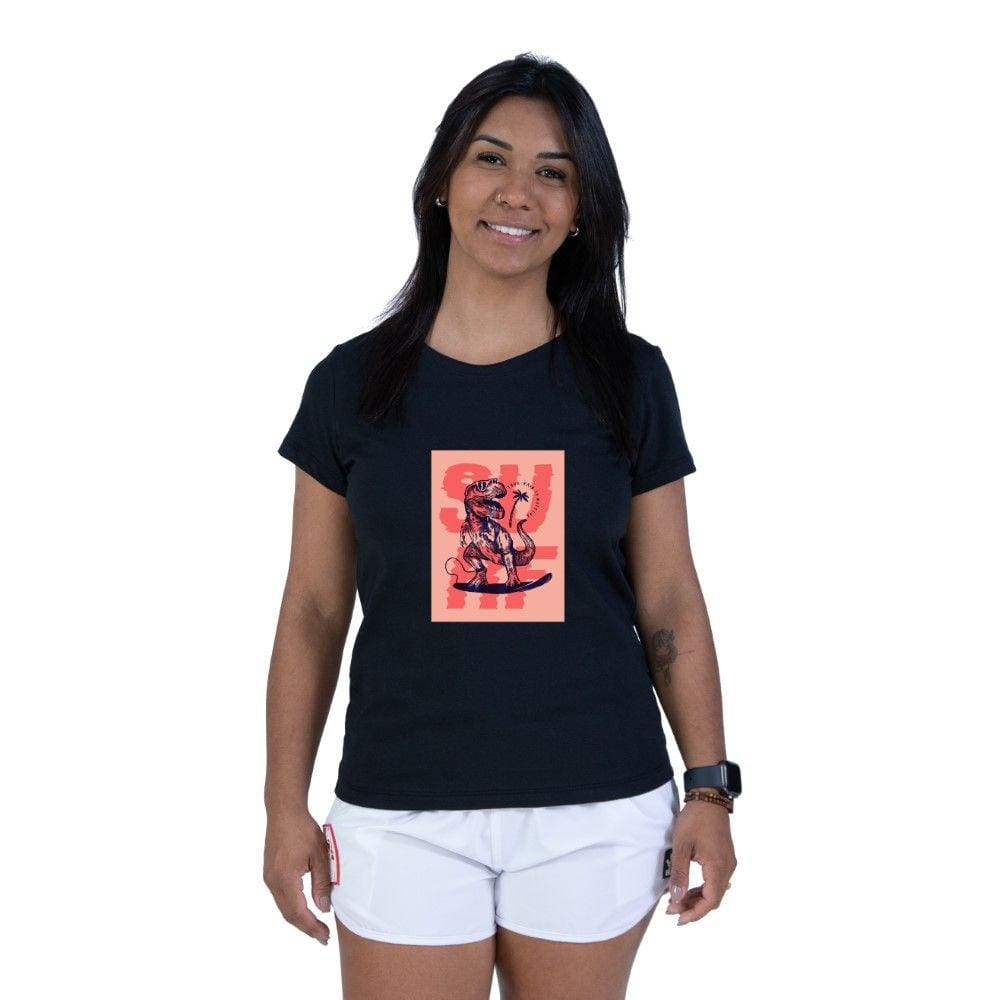 Camiseta Feminina Algodao Estampa Surf Dinossauro Gola Redonda Manga Curta Com Abridor De Garrafa