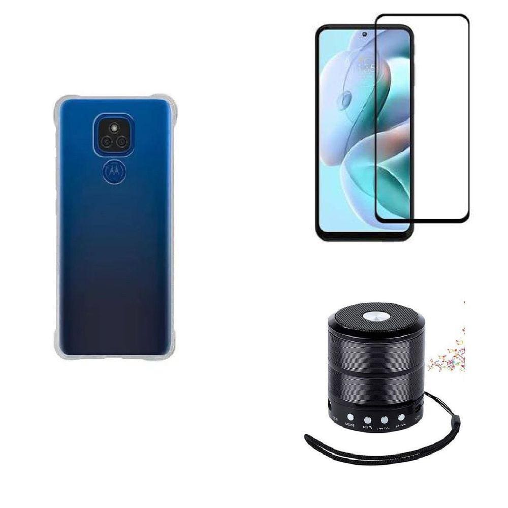 Kit Mini Som Bluetooth Moto E7 Plus + Capa Anti Impacto + Película Vidro 3D