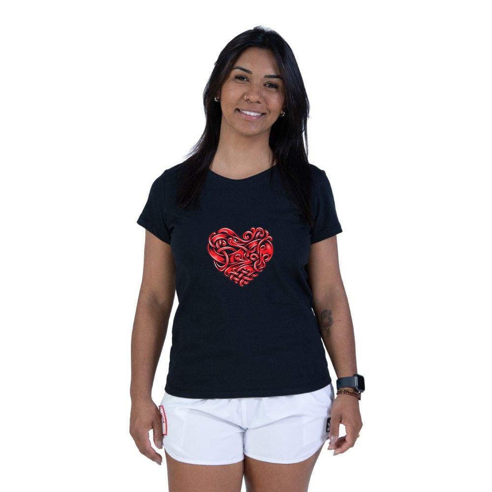 Camiseta Algodao Feminina Manga Curta Gola Redonda Estampa Coraçao De Dragao Com Abridor Garrafas