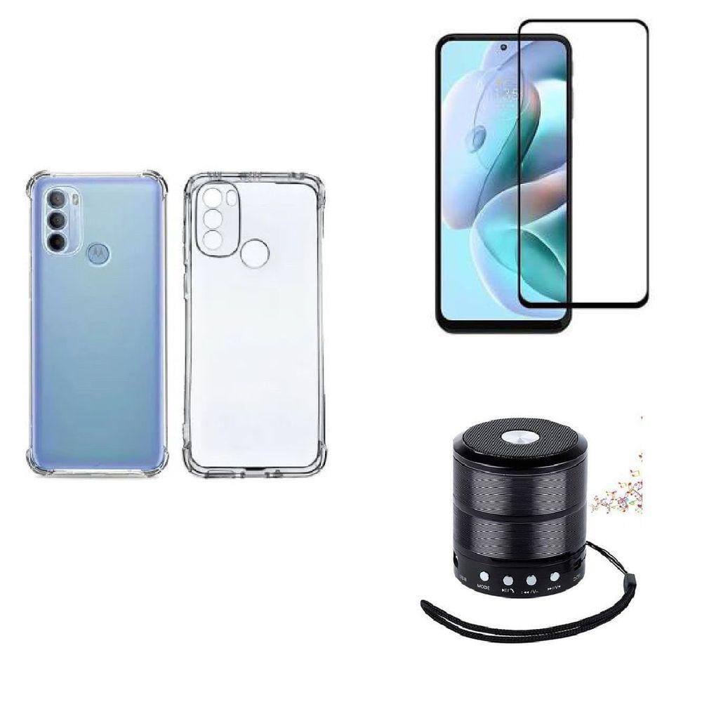 Kit Mini Som Bluetooth Moto G52 + Capa Anti Impacto + Película Vidro 3D