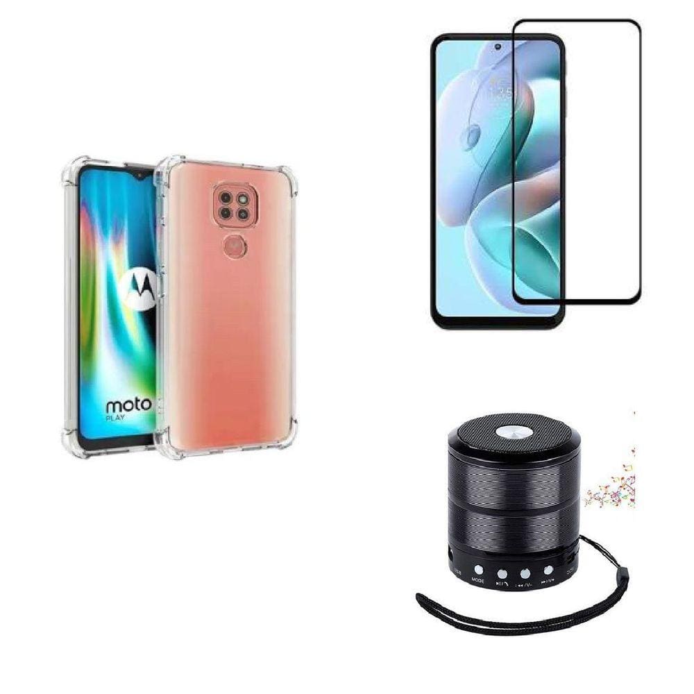 Kit Mini Som Bluetooth Moto G9 Play + Capa Anti Impacto + Película Vidro 3D