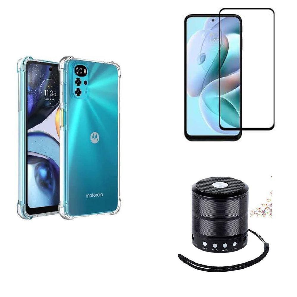 Kit Mini Som Bluetooth Moto G22 + Capa Anti Impacto + Película Vidro 3D