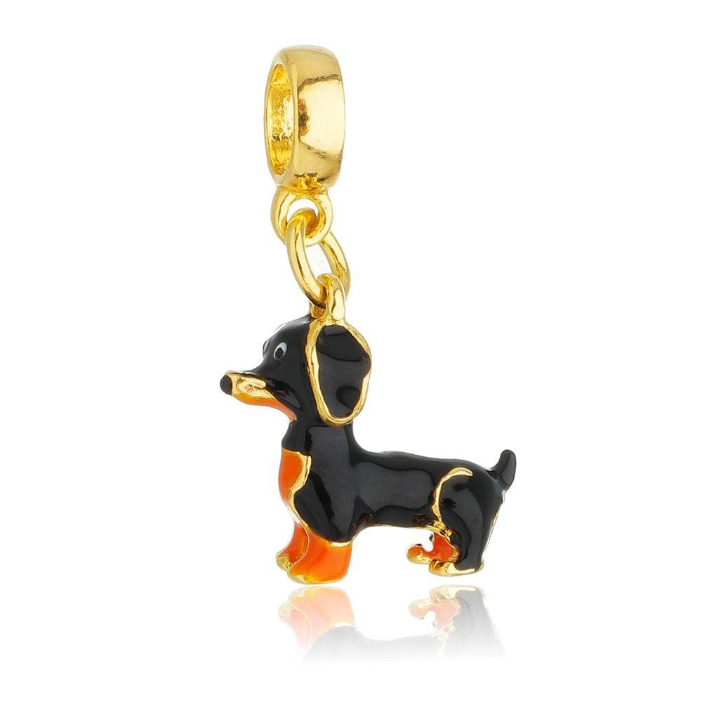 Pingente Berloque Cachorro Salsicha Dachshund Para Pandora Banhado a Ouro 18k