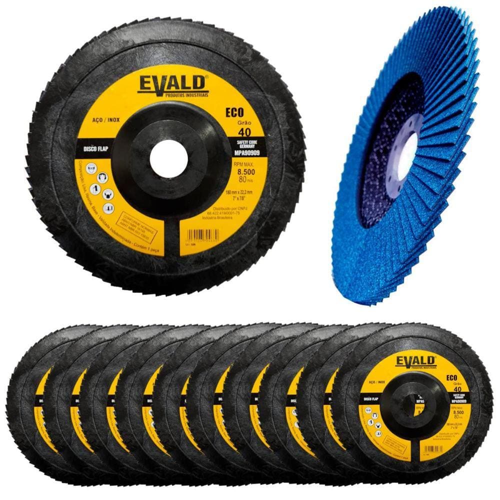 Disco de Lixa Flap 7 POL 180 mm Aço Inox Grão 40 Kit 10 Unidades EVALD
