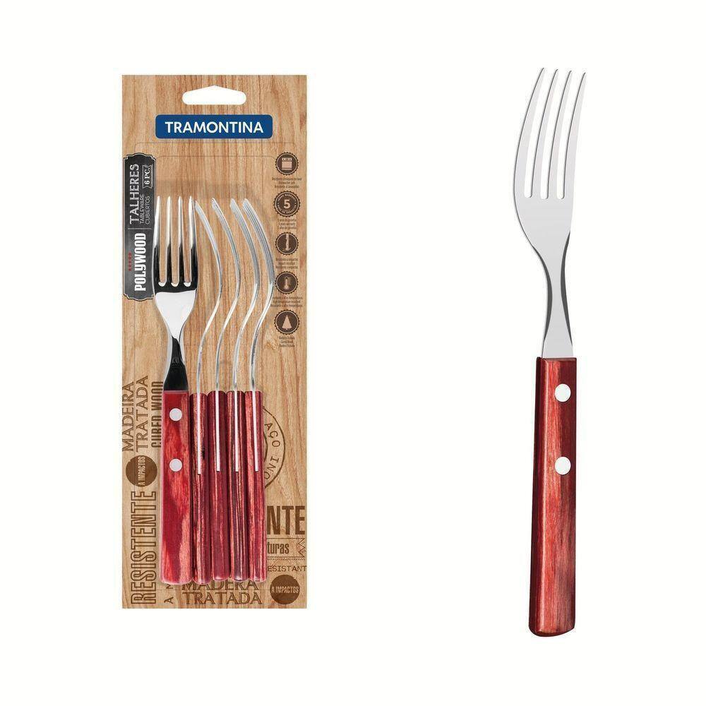 Conjunto De Garfos De Mesa 6 Peças Em Aço Inox E Cabos Em Madeira Polywood Vermelho