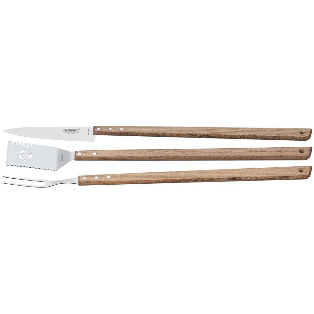 Jogo Trinchante Para Churrasco Tramontina Em Aço Inox E Madeira 3 Peças - Com Faca 8" Tramontina