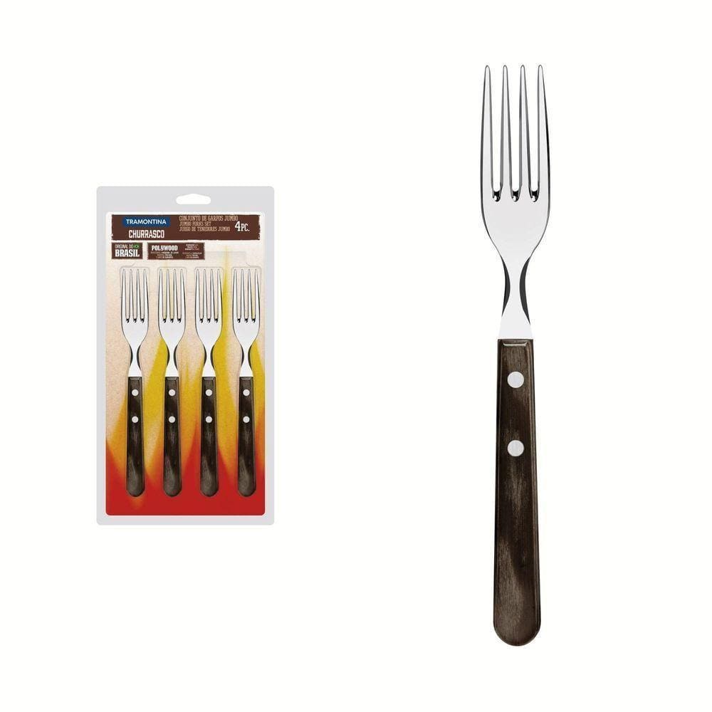 Conjunto De Garfos Jumbo Para Churrasco Em Aço Inox Com Cabo Castanho Polywood 4 Peças