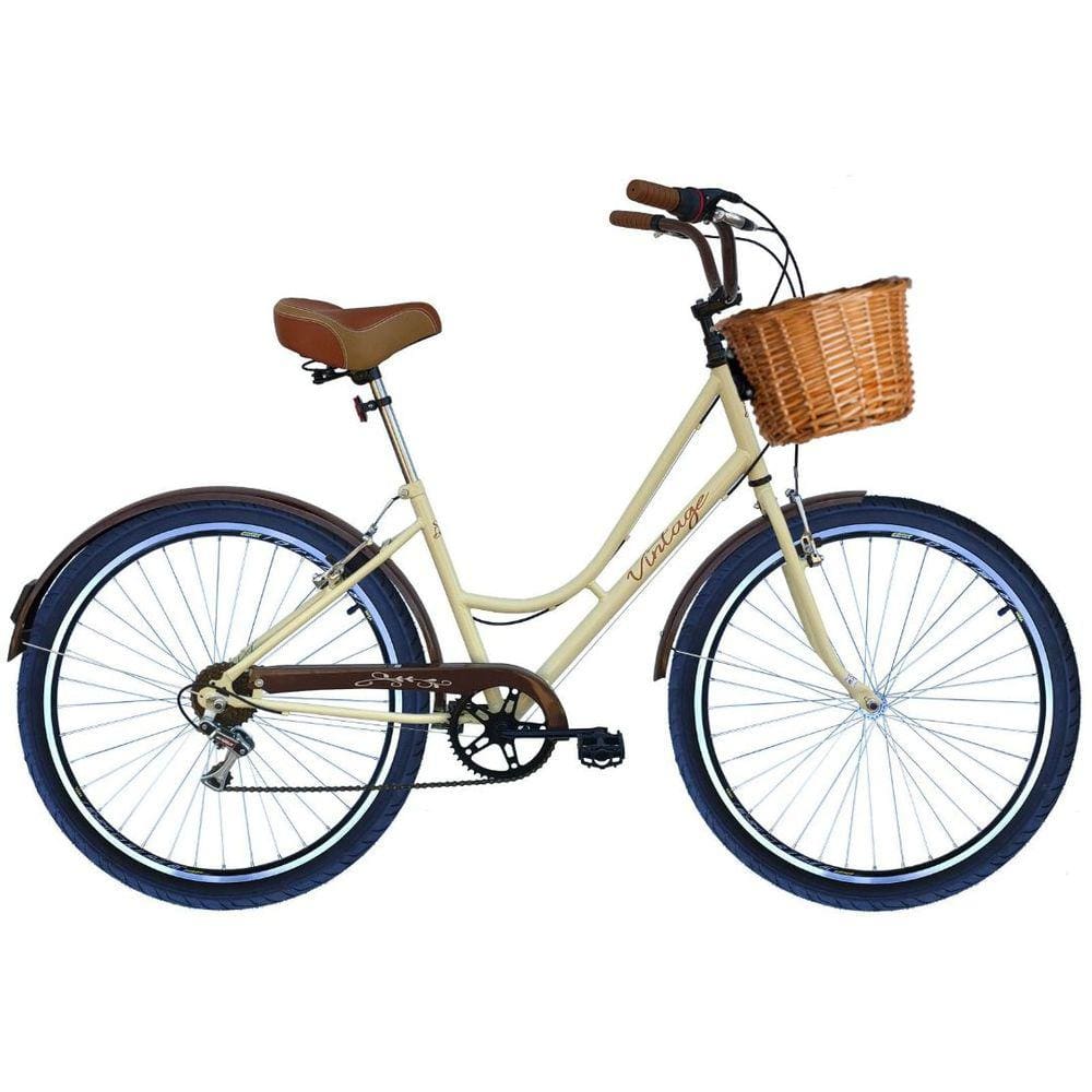 Bicicleta Retrô Vintage 6V Aro 26 DB Bege Cesta de Vime