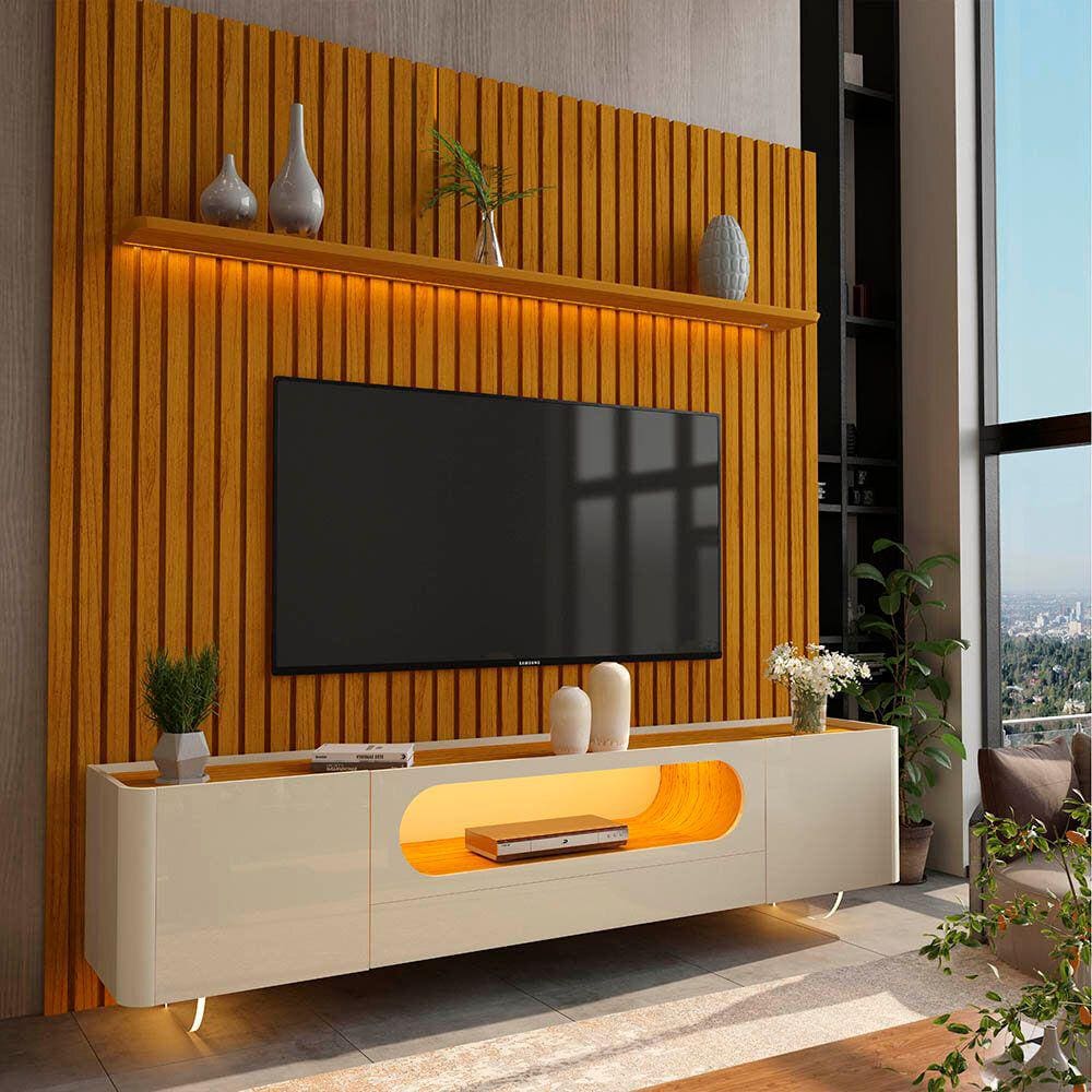 Rack Com Painel Nobre 2.3 Pés De Vidro Naturale Off - Gelius