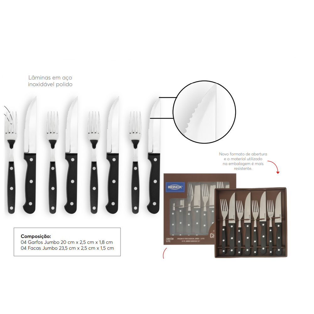Kit Talheres para Churrasco 8 peças Brinox