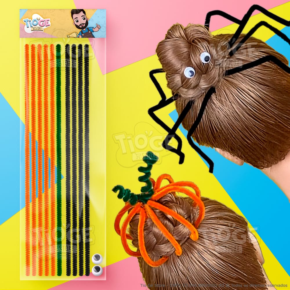 Cabelo Maluco Halloween Aranha e Abóbora 10 Hastes Flexíveis de Pelúcia Chenille e 2 Olhos Móveis Autoadesivo