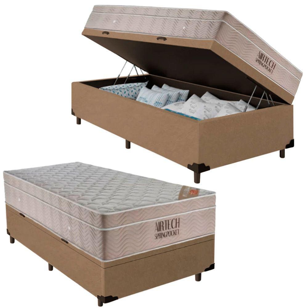 Cama Box Baú Suede Solteiro + Colchão De Molas Ensacadas Ortobom Airtech Springpocket 88x188x66