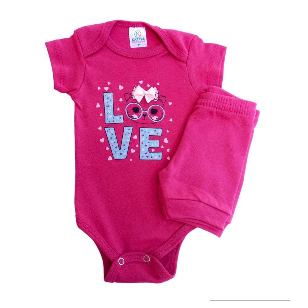 Conjunto Bebê Body Cat Curto com Short Pink - Kappes