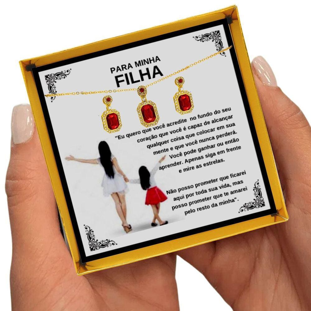 Colar Presente Aniversário Filha Conjunto Retângulo Vermelho + Brincos + Pingente + Anel + Caixinha Dedicatória