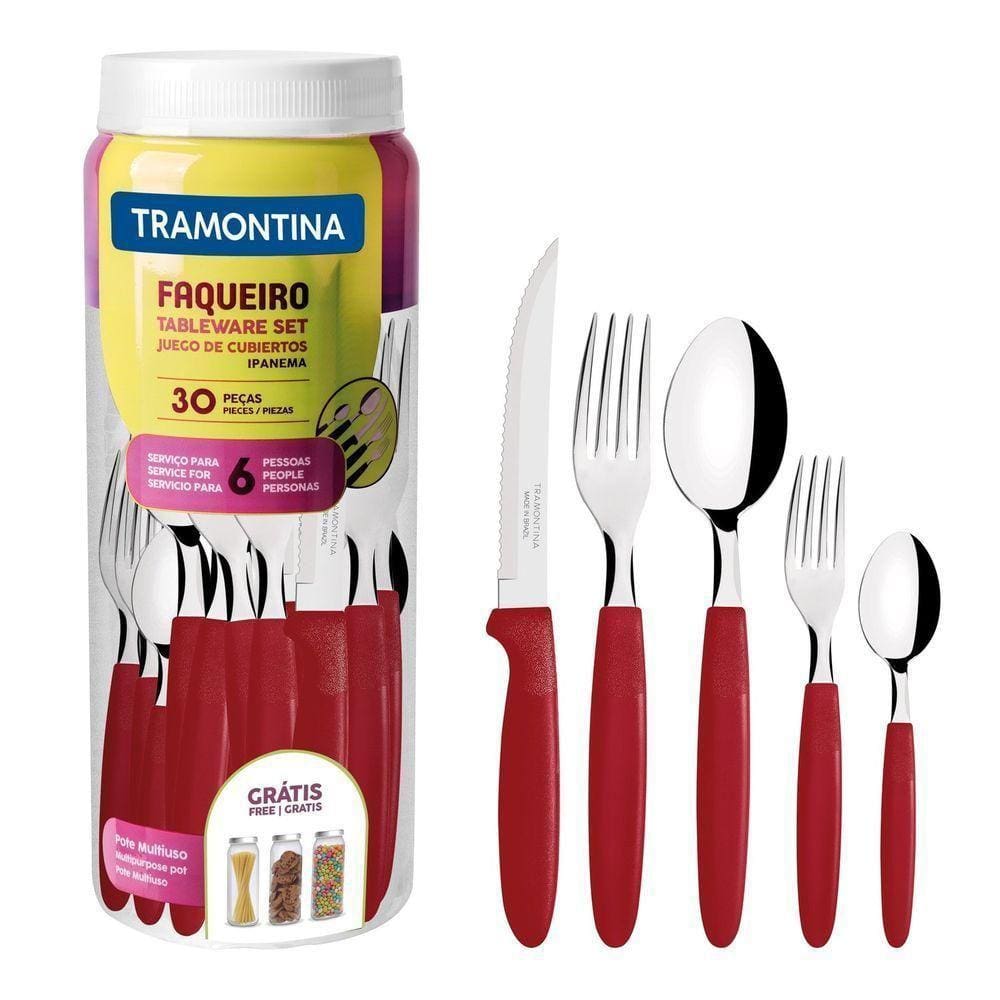 Faqueiro Ipanema Com Lâminas Em Aço Inox E Cabos De Polipropileno Vermelho Com Pote Plást