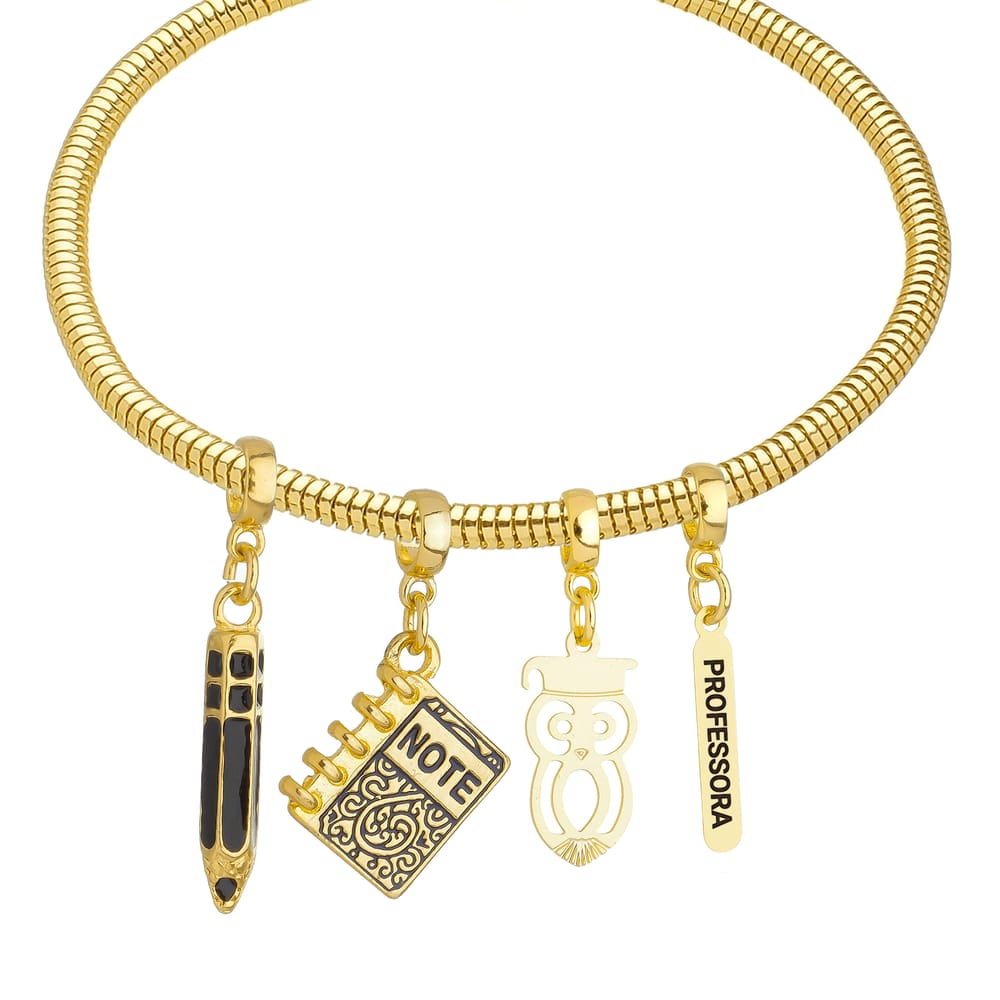 Pulseira Profissão Professora Para Pandora Banhado a Ouro 18k