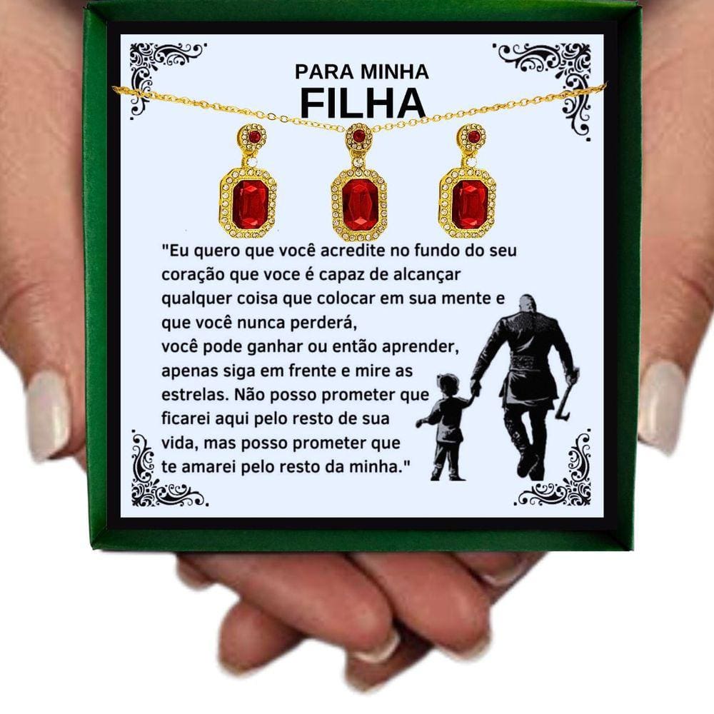 Colar Presente Aniversário Filha Mãe Pai Viking Conjunto Retângulo Vermelho Pingente Brincos Anel + Dedicatória