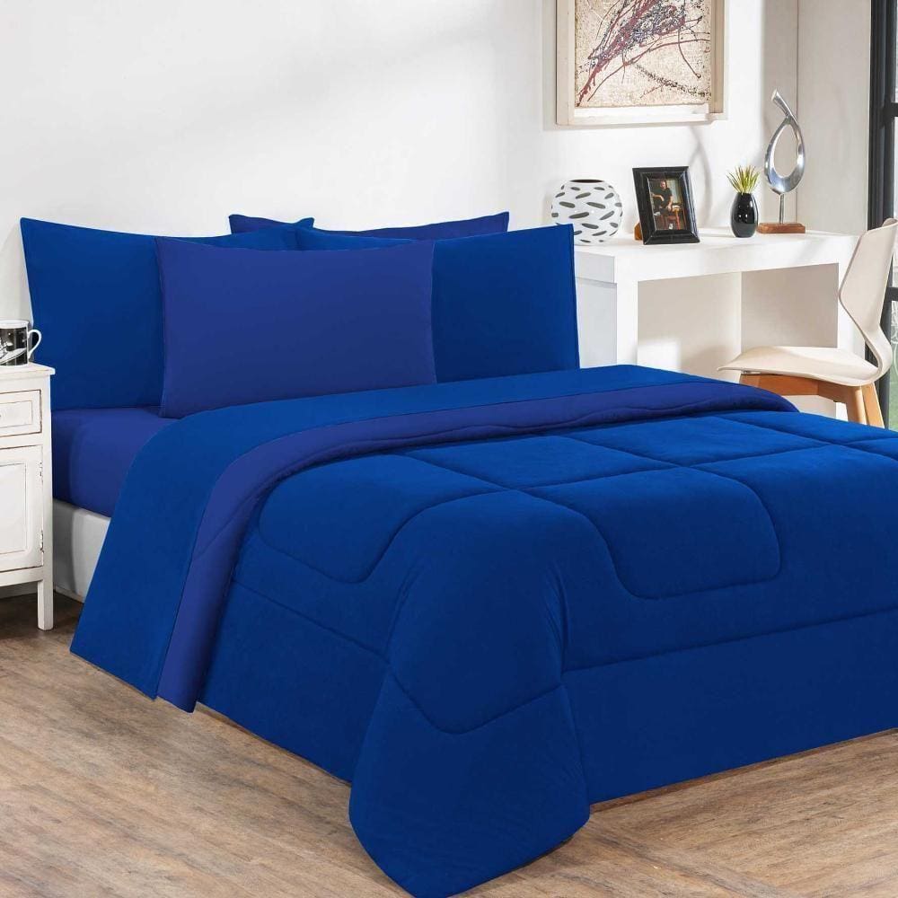 Kit Edredom + Jogo De Lençol Malha 100% Algodão 5 Peças Solteiro - Azul Royal-azul Royal