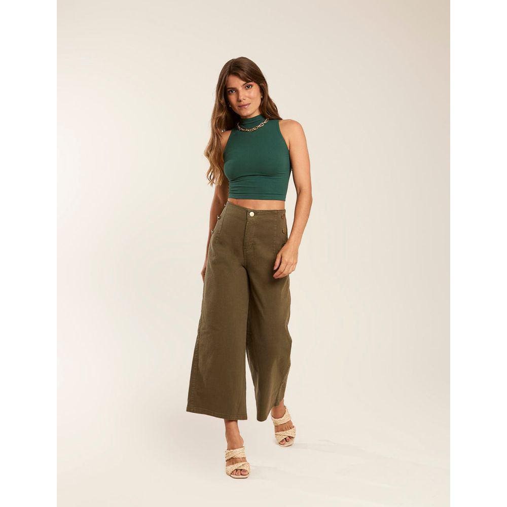 Calça Zinzane Feminino Pantacourt Sarja Botões - Verde Oliva