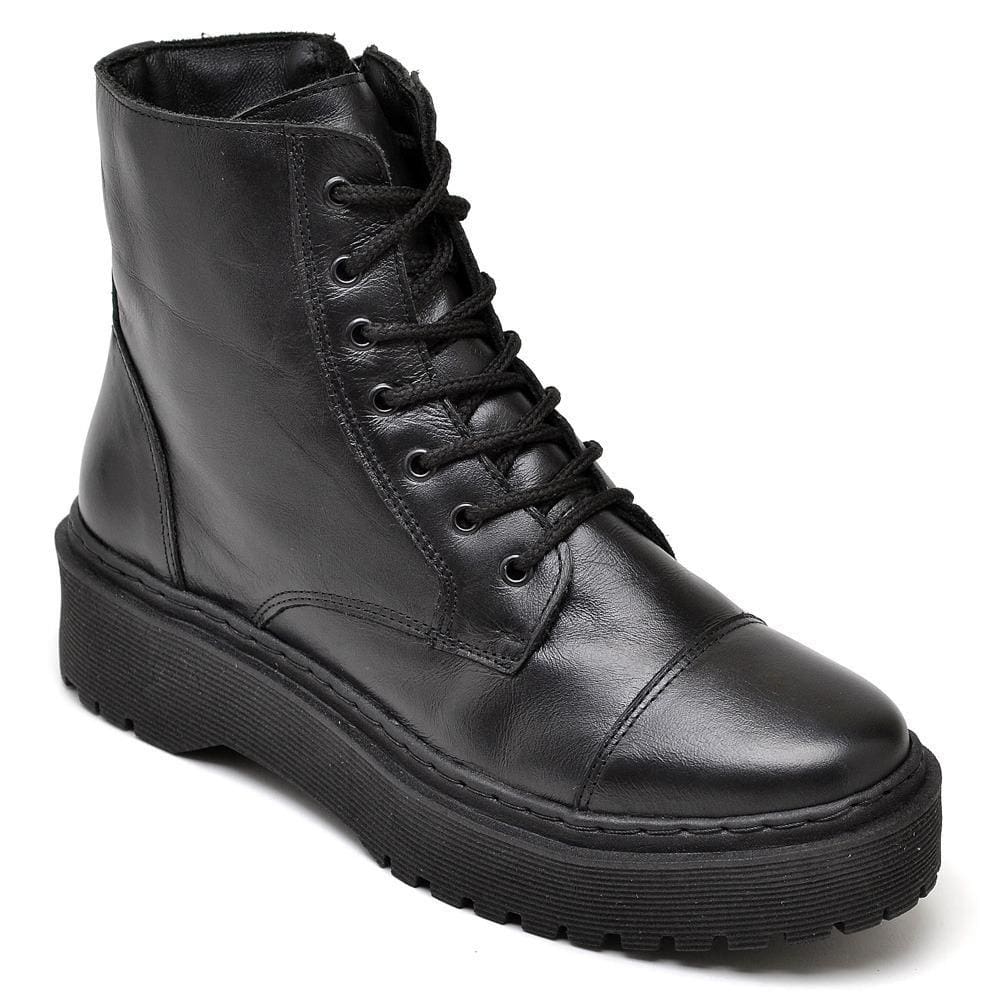 Bota Coturno Feminino Couro Cano Médio Cadarço Moda Moderna