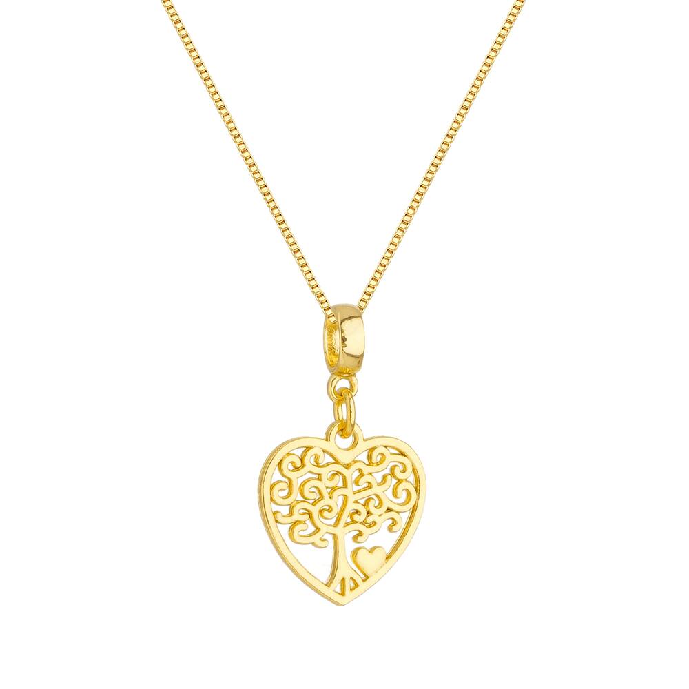 Colar Pingente Árvore da Vida Coração Banhado a Ouro 18k