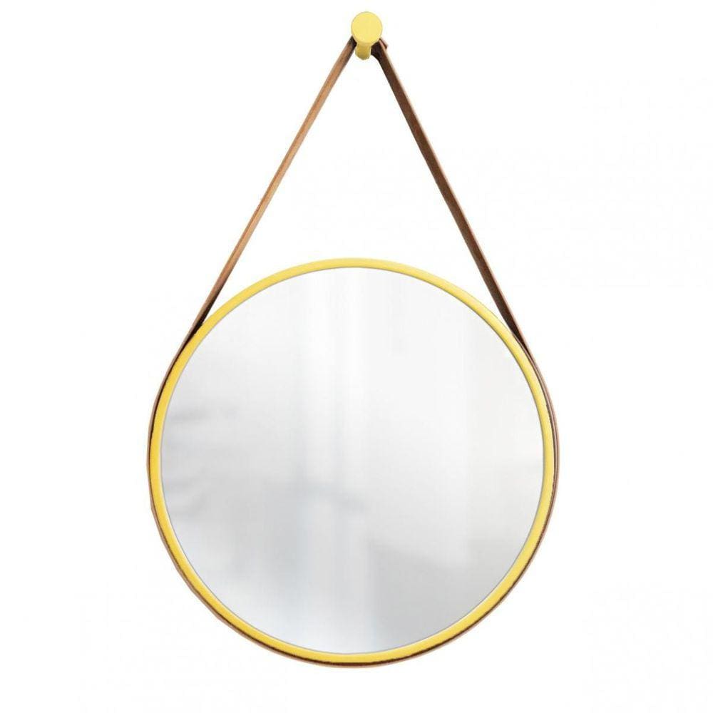 Espelho Decorativo Adnet Amarelo Alça Corino Café 40Cm