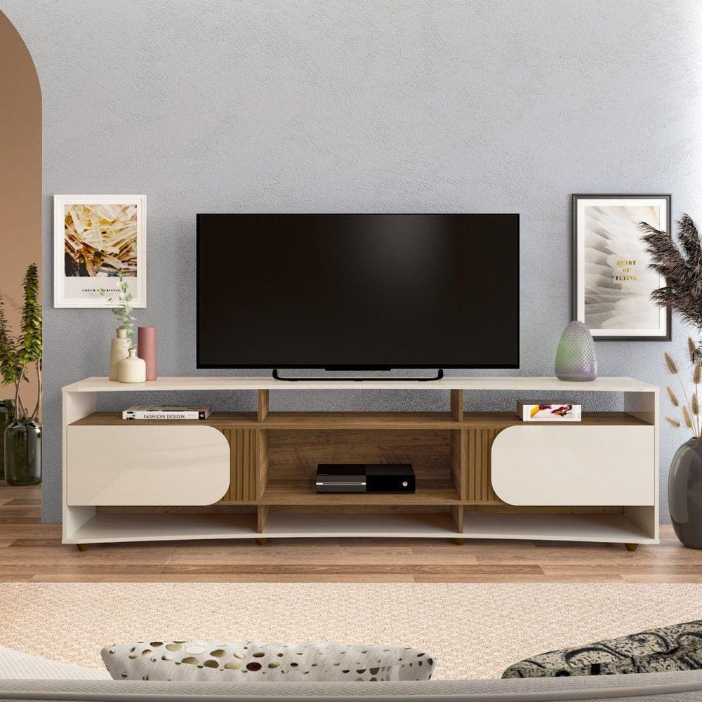Rack 220cm com Suporte Para TV até 86 Polegadas com 2 Portas Porto Off White/Pinho
