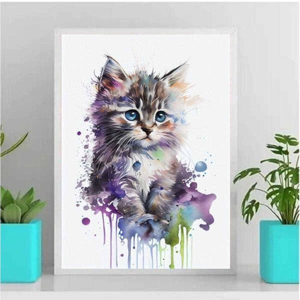Quadro decorativo Baby Cat Aquarela 33x24cm - Vidro