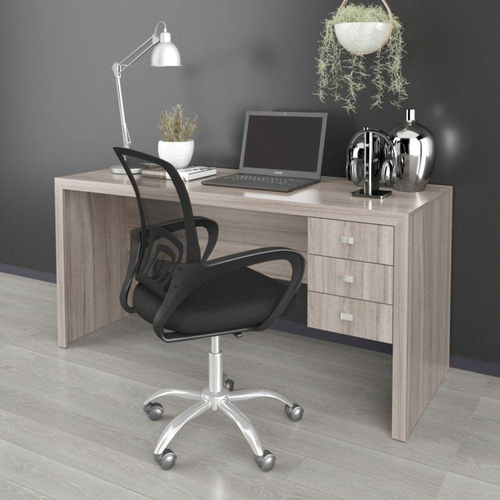 Mesa para Escritório 3 Gavetas Me4113 com Cadeira Diretor Tela Mesh Tok 3310 Carvalho