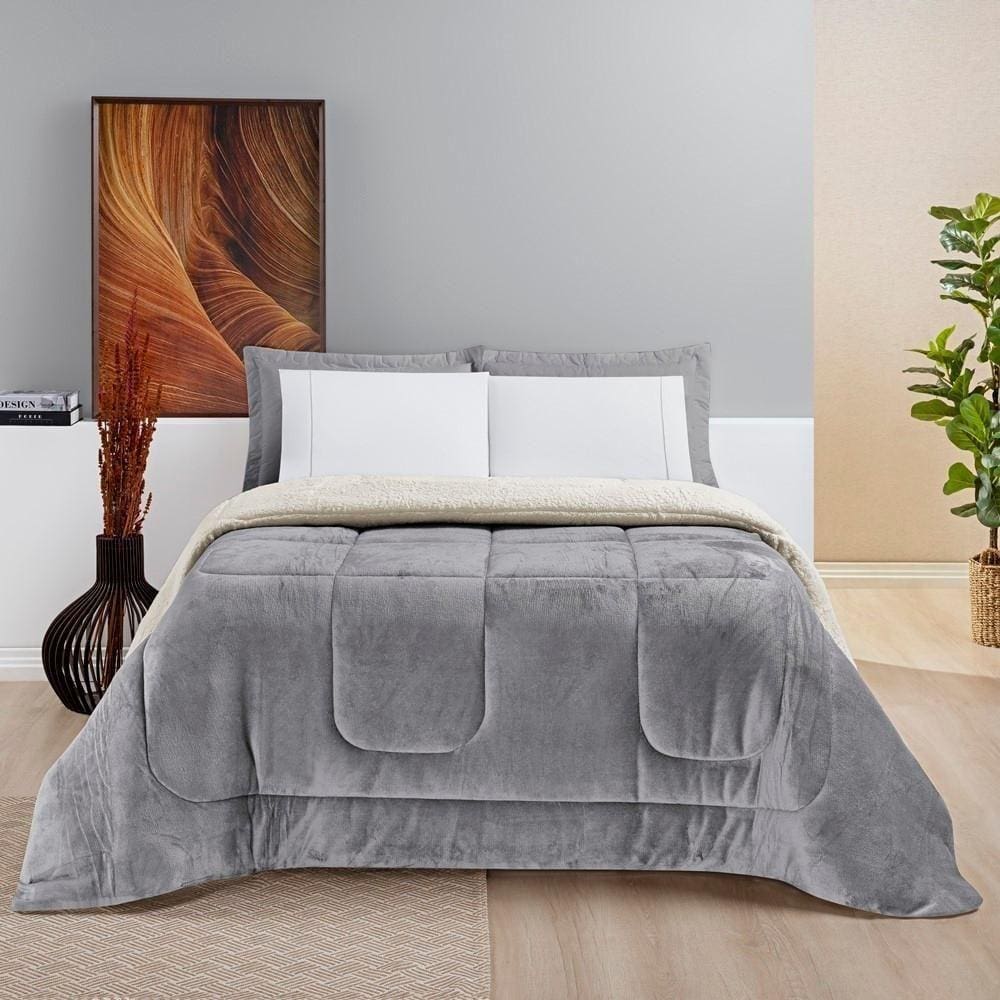 Coberdrom Sherpa E Flannel Everest Queen Manta Alta 150g 01 Peça - Cinza