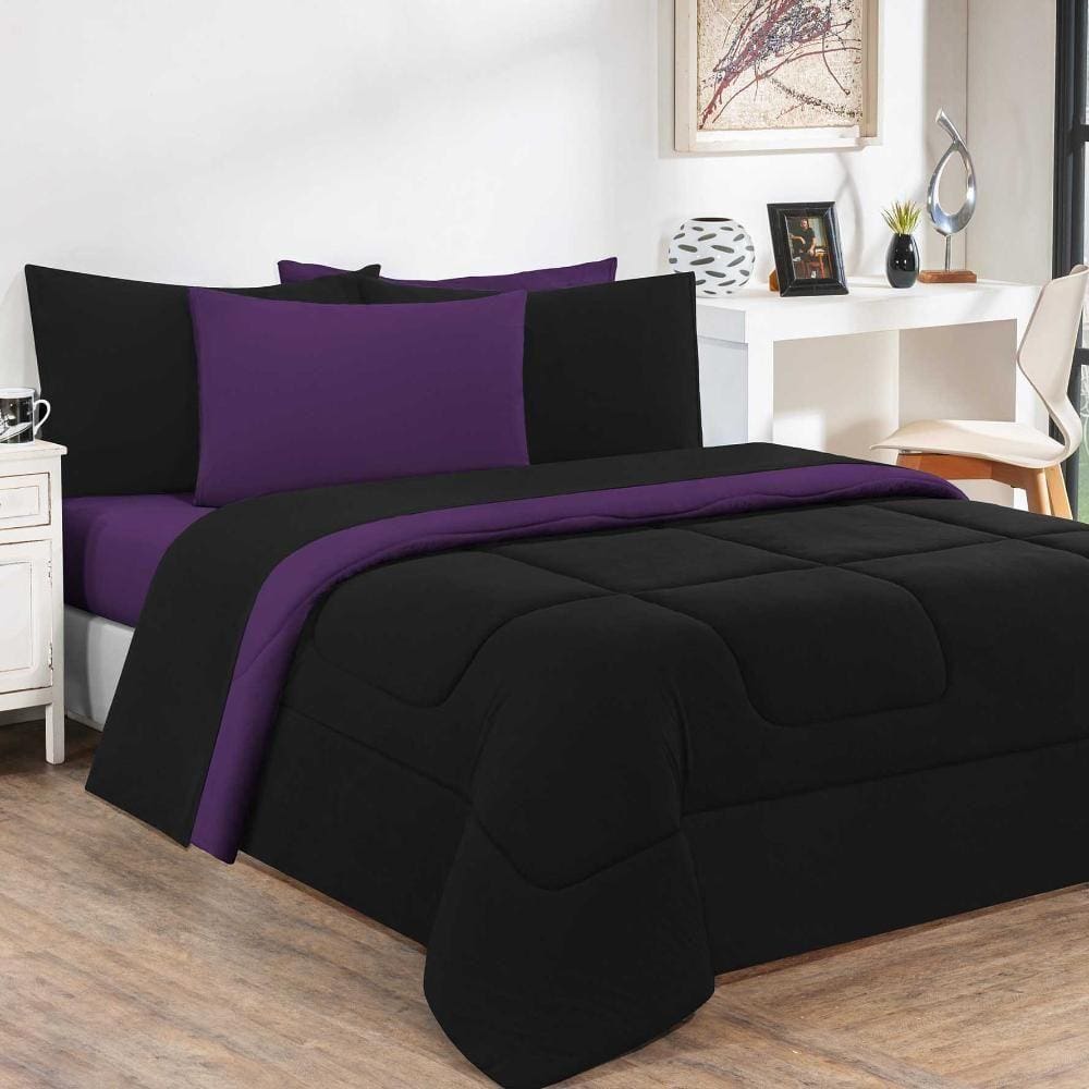 Kit Edredom + Jogo De Lençol Malha 100% Algodão Gran Moratta 5 Peças Solteiro - Preto-roxo