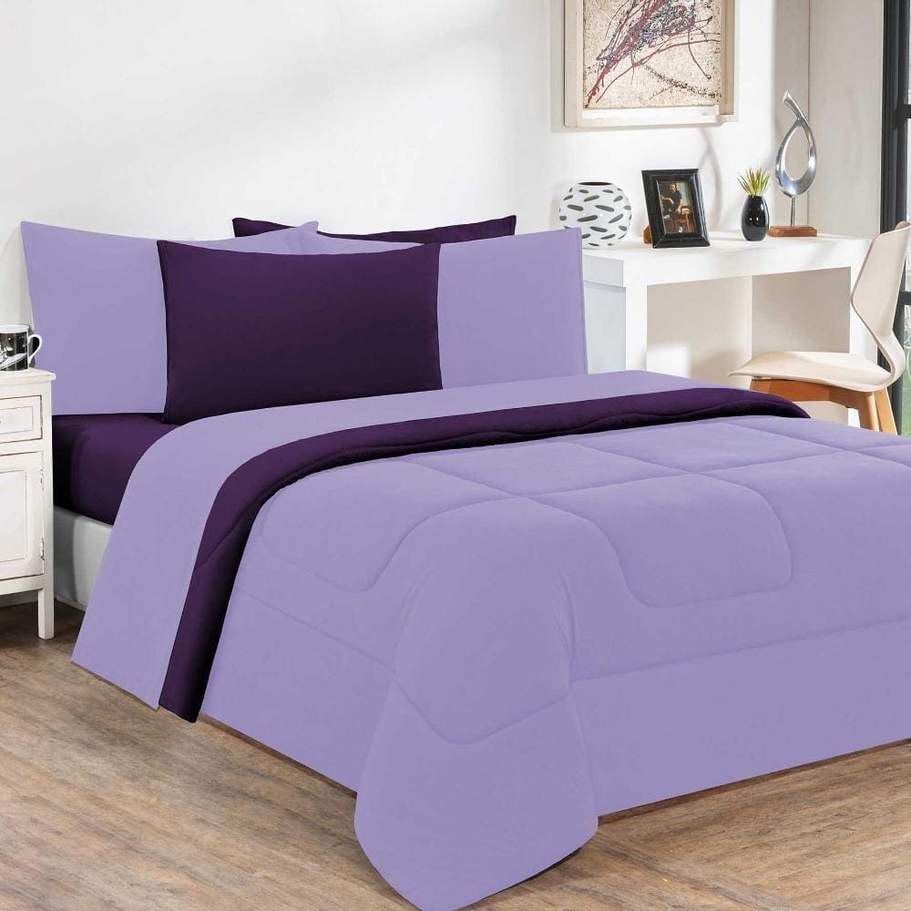 Kit Edredom + Jogo De Lençol Malha 100% Algodão Gran Moratta 6 Peças King - Lilás-roxo