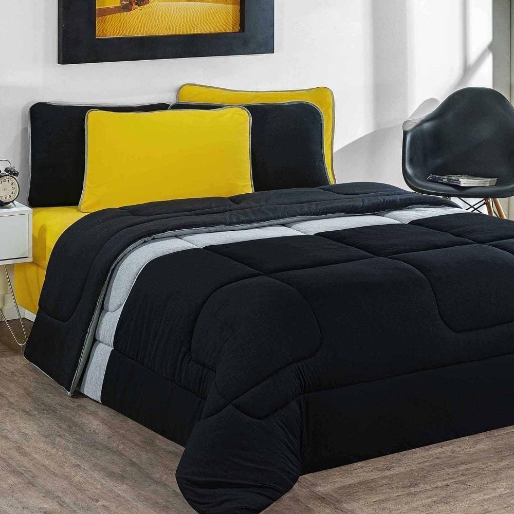 Kit Edredom + Jogo De Lençol Malha 100% Algodão Urbano 6 Peças King - Preto-mescla-amarelo