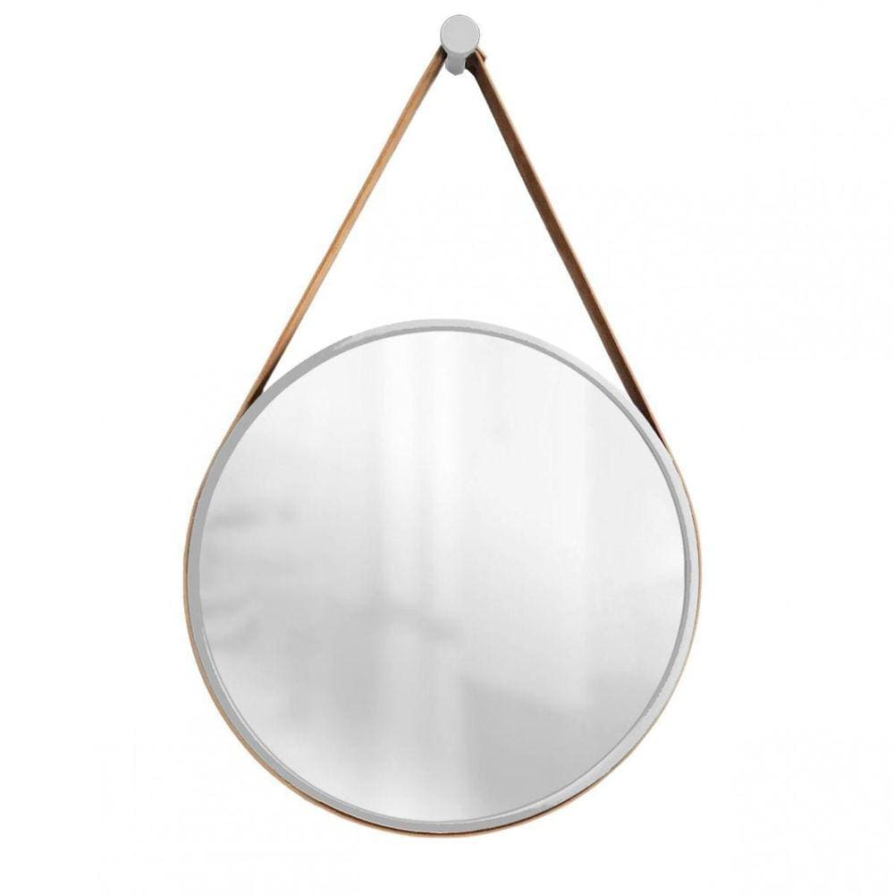 Espelho Decorativo Adnet Cinza Alça Corino Café 40Cm Redondo