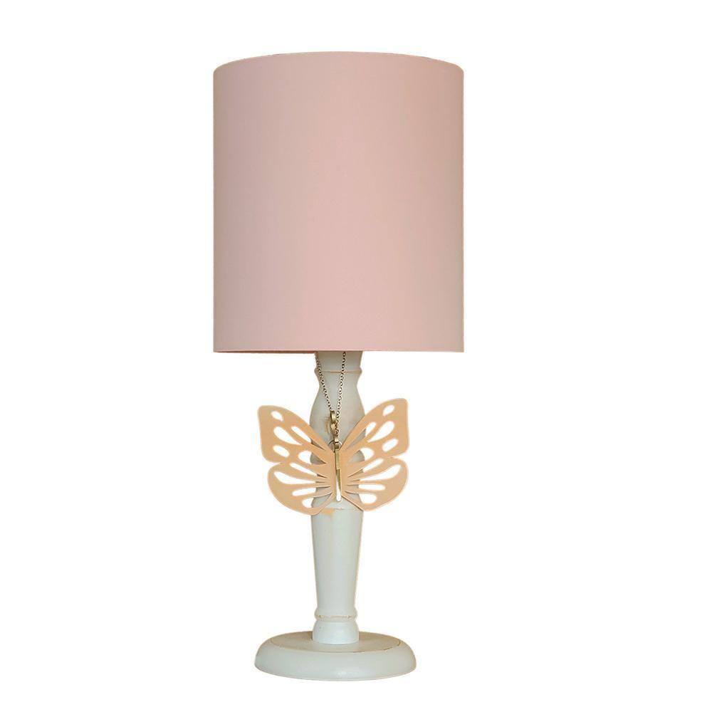 Abajur Infantil Borboleta Rosa Base Branco Provençal 20X49