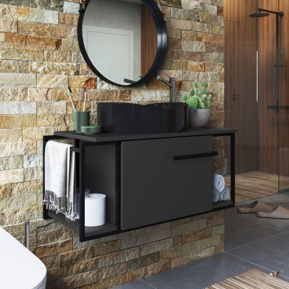 Gabinete Suspenso Para Banheiro 80cm P1019 Grafite Com Cuba Berlin Preta Preto/Grafite