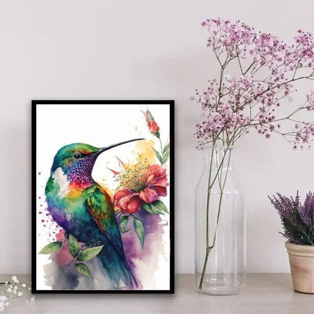 Quadro Beija-flor Aquarela 33x24cm - Moldura Madeira Preta