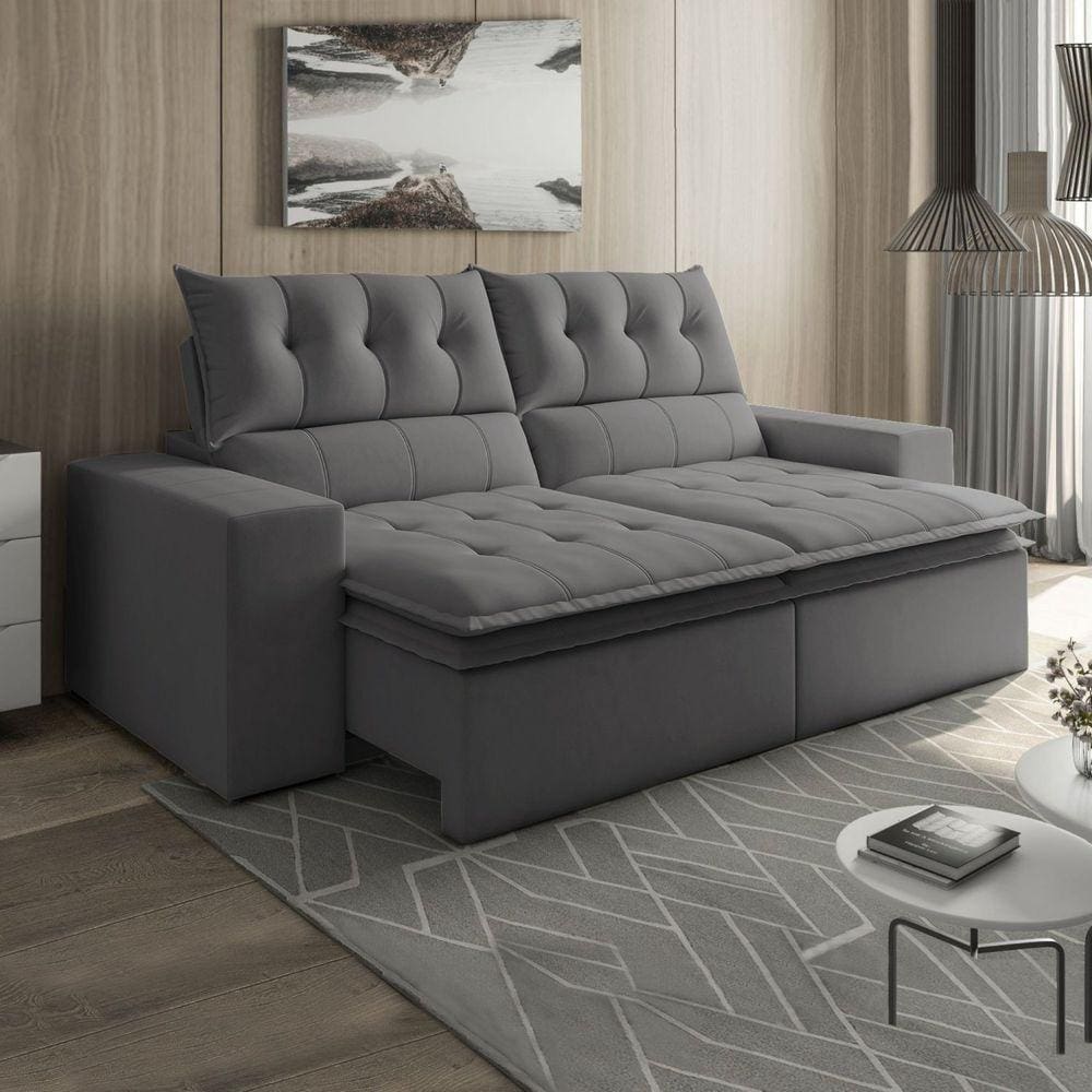 Sofá Retrátil e Reclinável 210cm Veludo M118 Cinza