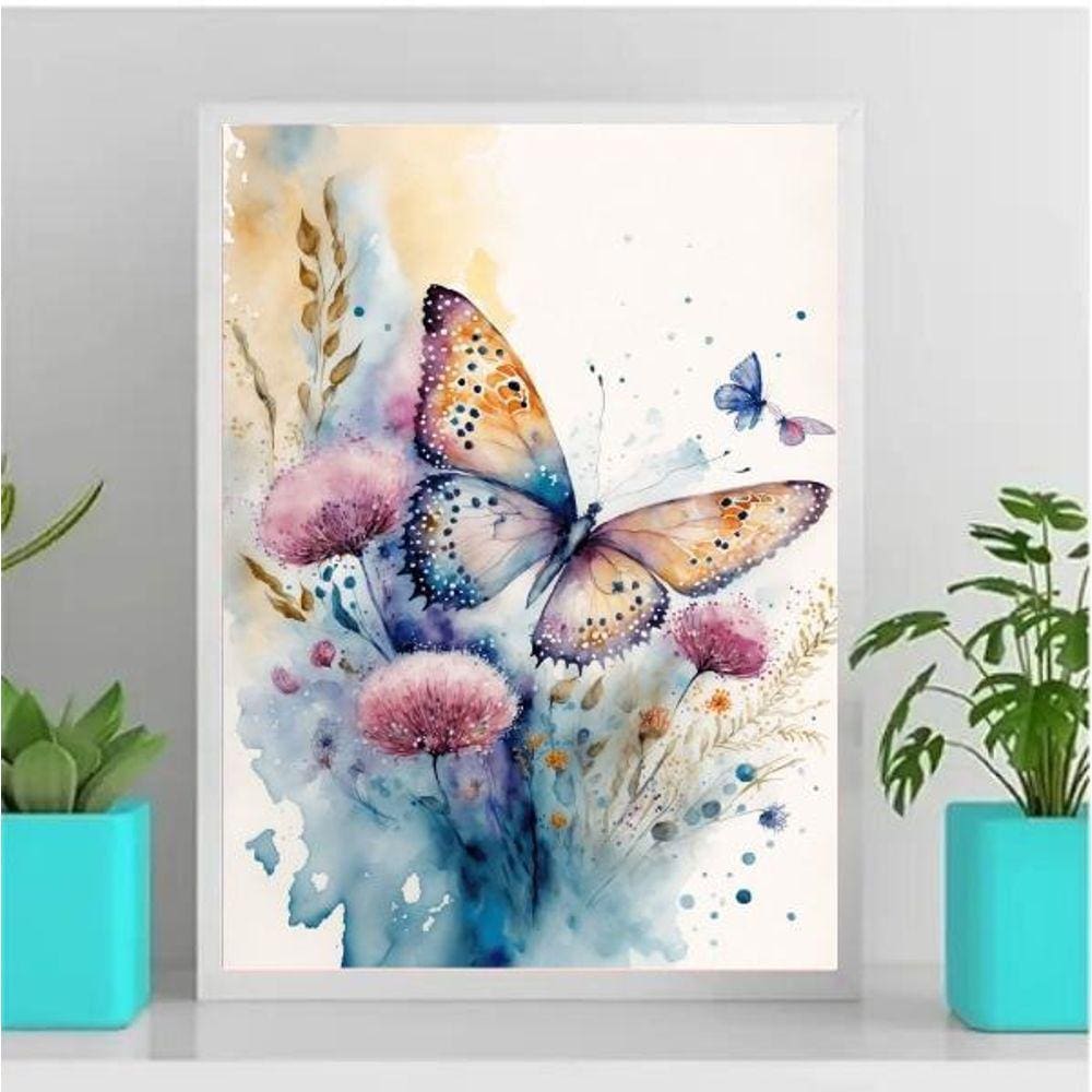 Quadro Decorativo Borboleta Floral Aquarela 33x24cm - Vidro